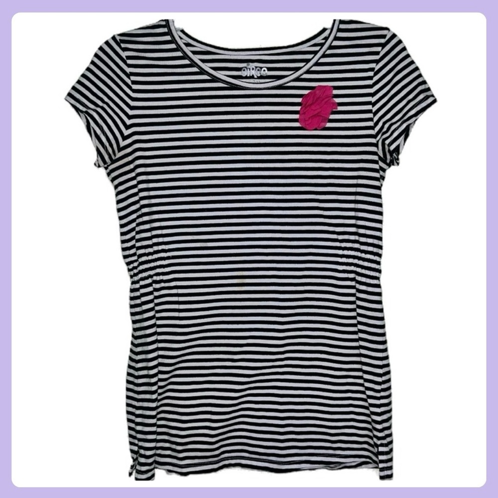 Black & White Striped Tee with Pink Flower